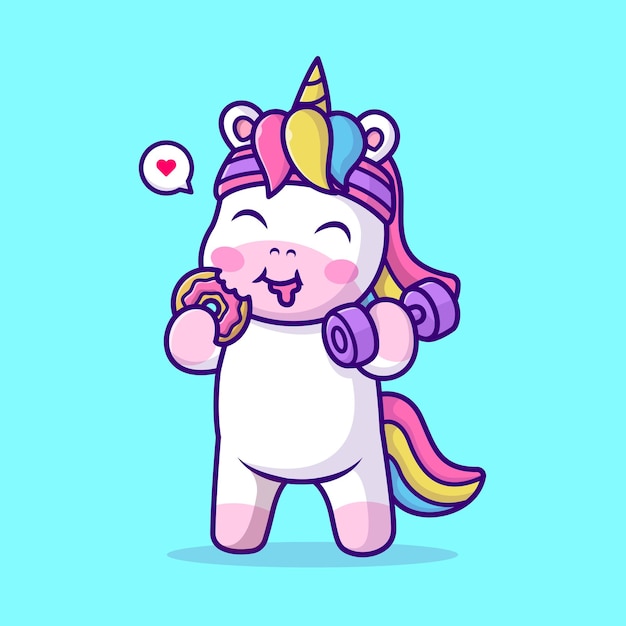 Vector lindo unicornio sosteniendo pesa y comiendo donut dibujos animados vector icono ilustración animal deporte plano