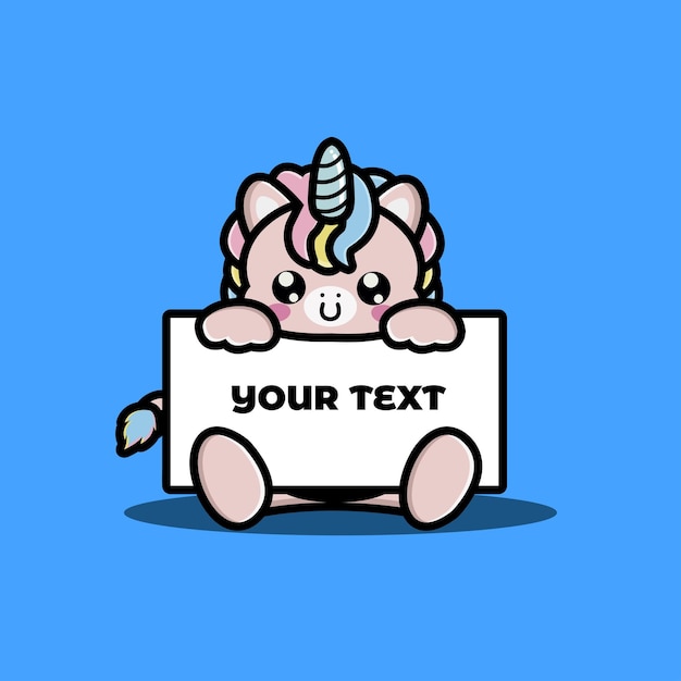 Lindo unicornio sosteniendo un tablero de texto en blanco