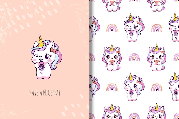 Lindo unicornio con tarjeta de ilustración de donut y patrones sin fisuras