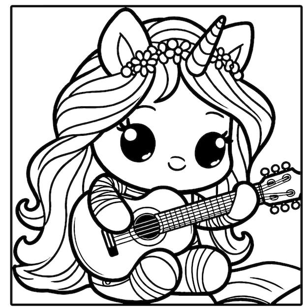 Vector un lindo unicornio tocando una guitarra página para colorear