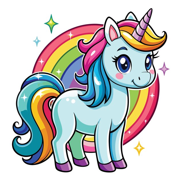 Lindo Unicornio Vector de dibujos animados con melena y cola de arco iris hermoso Vector de caricaturas de unicornio en el fondo