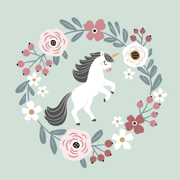Lindo unicornio vectorial dibujado a mano en una corona floral
