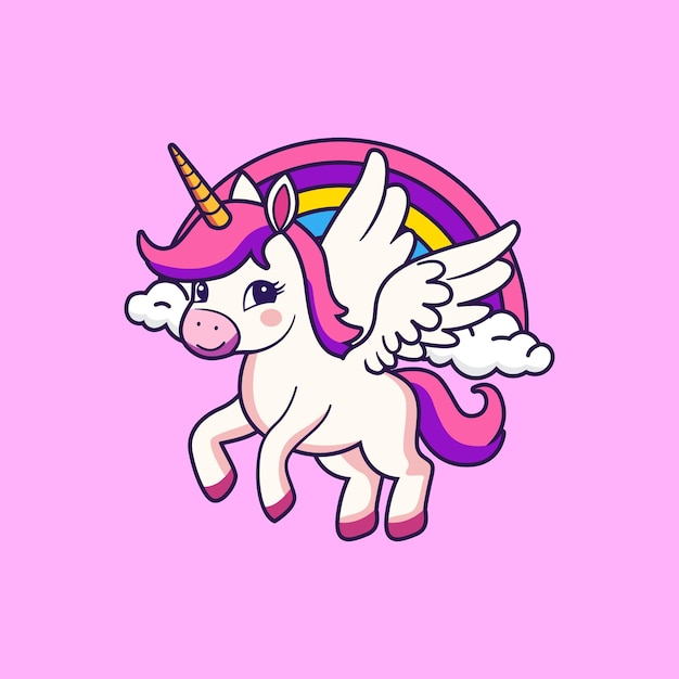 Lindo unicornio volador con alas y hermosa ilustración vectorial de dibujos animados de arco iris