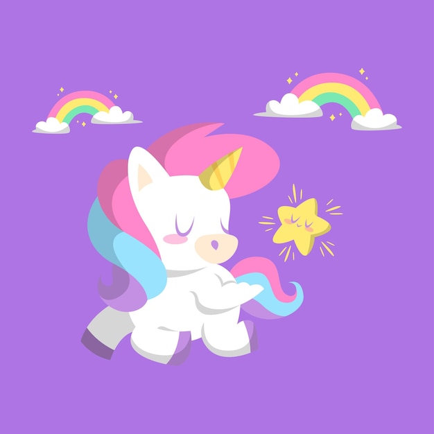 LINDO UNICORNIO VOLADOR CON UNA PEQUEÑA ESTRELLA PREMIUM VECTOR