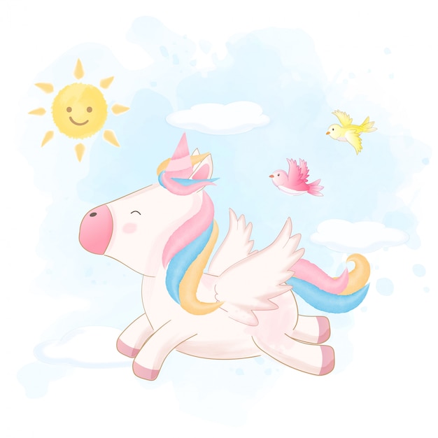 Lindo unicornio volando en el cielo dibujado a mano