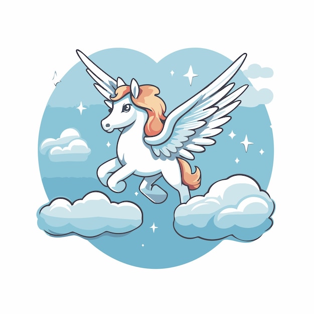 Vector lindo unicornio volando en el cielo con nubes ilustración vectorial