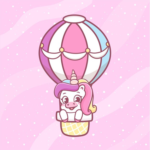 Lindo unicornio volando en globo aerostático Dibujos animados Kawaii