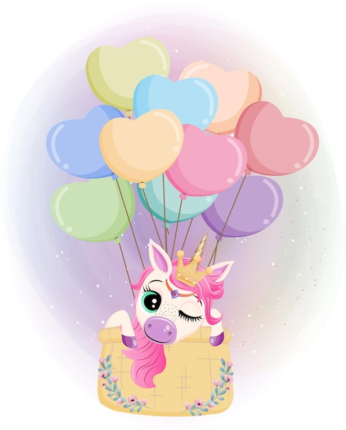 Lindo unicornio volando con globo de aire