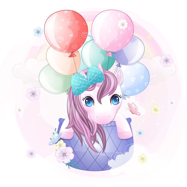 Lindo unicornio volando con globo de aire