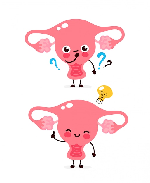 Lindo útero con signo de interrogación y carácter de bombilla. Icono de ilustración de personaje de dibujos animados plana. Aislado en blanco Útero tiene idea