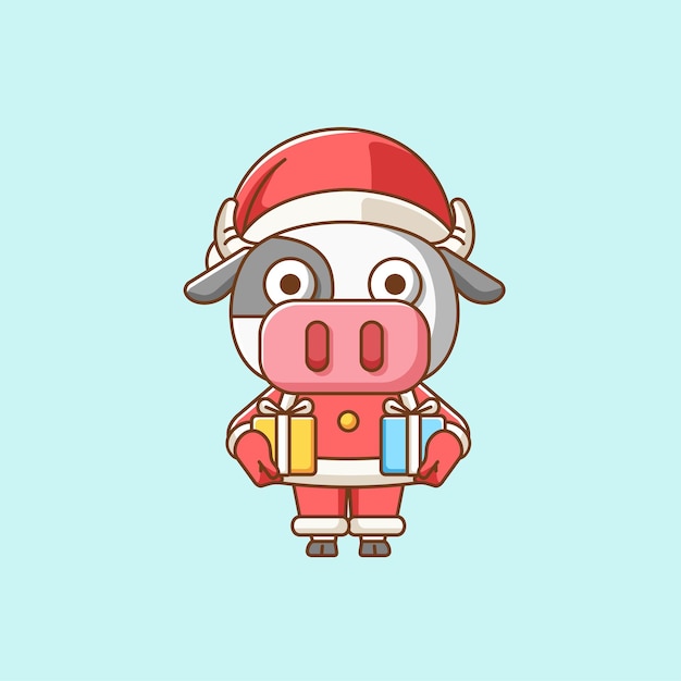 Lindo vaca de Santa Claus animal kawaii chibi personaje mascota ilustración diseño de estilo de contorno