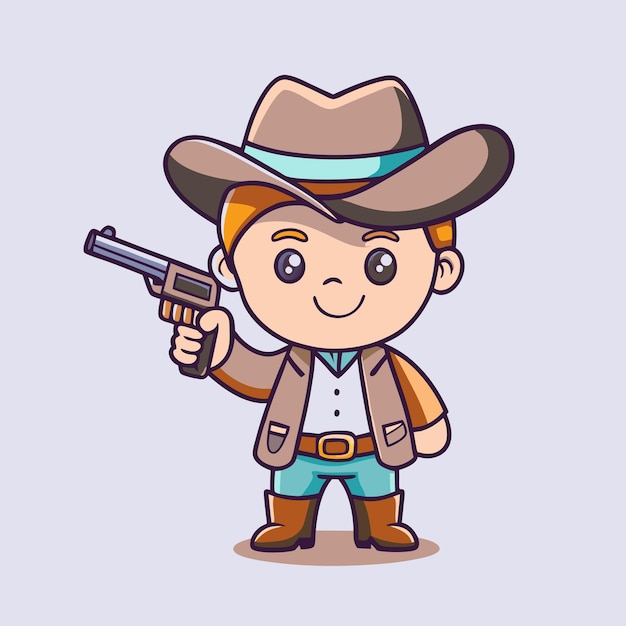 El lindo vaquero con una pistola en la mano Ilustración de icono vectorial de dibujos animados