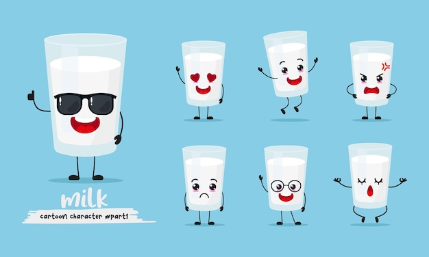 lindo un vaso de dibujos animados de leche con muchas expresiones vector de pose de actividad diferente con gafas de sol