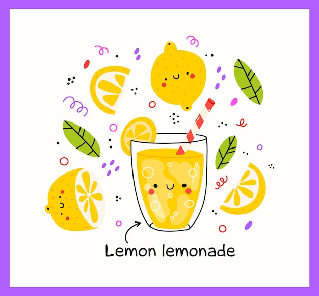 Vector lindo vaso de limonada de limón con lindo limón. limonada sonriente kawaii. personaje de dibujos animados de vectores