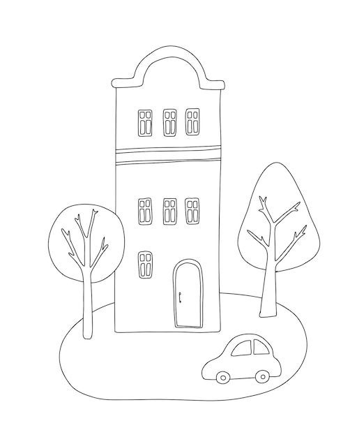 Lindo vector en blanco y negro de una casa alta con árboles y un coche pequeño