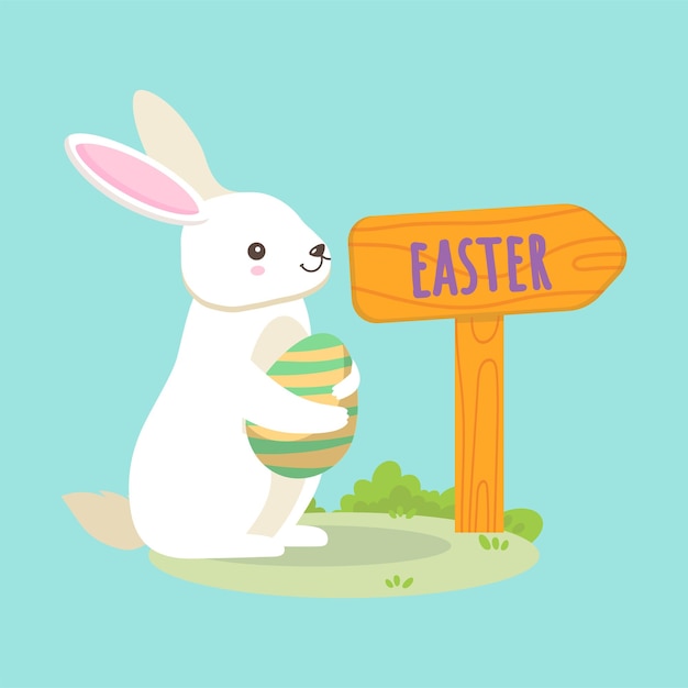 Lindo vector de conejo de Pascua sosteniendo huevo a rayas por el letrero de madera de Pascua en fondo azul claro