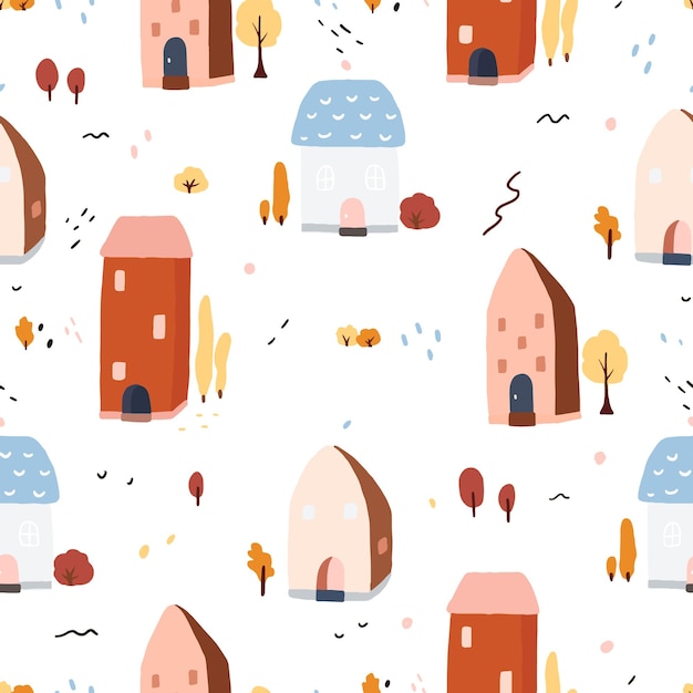Lindo vector dibujado a mano sin costura con invierno housepine navidad y año nuevo sobre fondo blanco