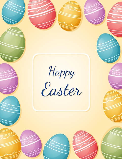Lindo vector de dibujos animados Feliz tarjeta de vacaciones de Pascua diseño de pancarta huevos de Pascua decorados de colores con texto