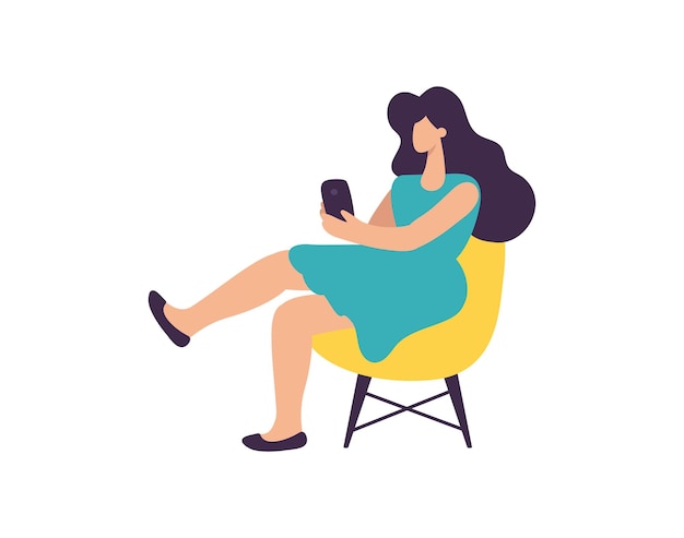 Lindo vector joven hermosa mujer usando teléfono móvil simple chica plana sentada en silla ilustración aislada