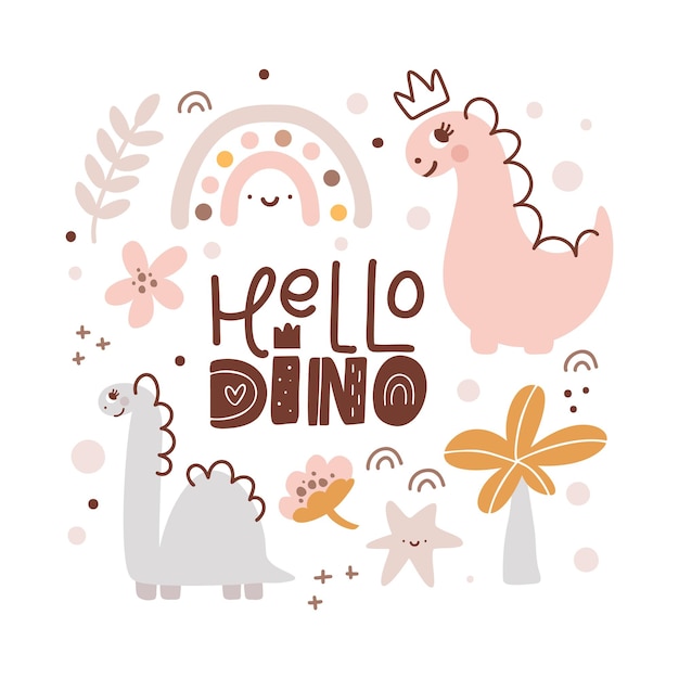 Lindo vector niños Tarjeta de felicitación con dinosaurio con corona y texto de bebé Hola Dino Dibujos animados dino Princesa niña