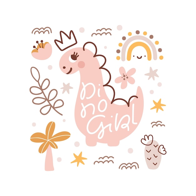 Lindo vector niños texto Dino Girl tarjeta de felicitación paisaje con dinosaurio arco iris palmera plantas flores