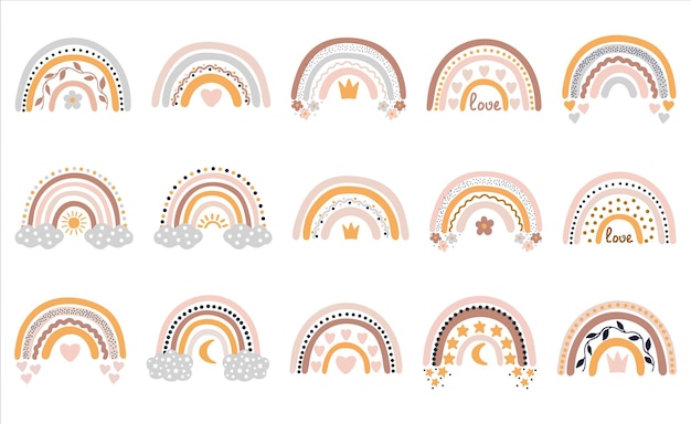 Lindo vector pastel arco iris conjunto aislado sobre fondo blanco perfecto para niños carteles impresiones tarjeta