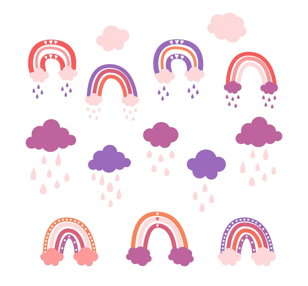 Lindo vector pastel arco iris con nubes y gotas y corazones