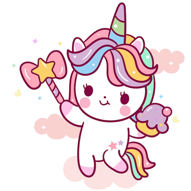 Lindo vector de unicornio con dibujos animados de cupcake y varita