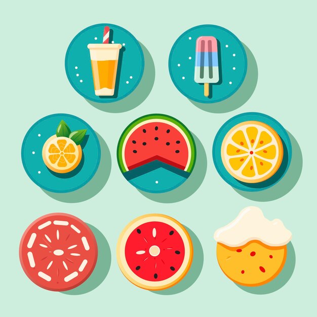 Lindo, verano, iconos, vector, imágenesprediseñadas