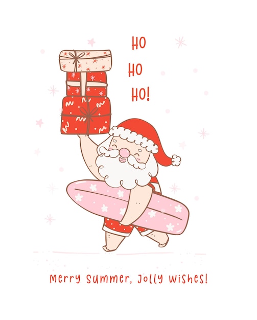 Lindo verano navidad papá noel con tabla de surf y regalos Kawaii Verano Navidad Vacaciones Dibujos animados doodle