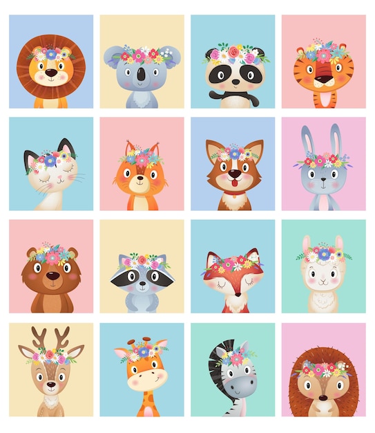 Lindo verano y primavera animales cabeza en una colección de azulejos multicolores corona de flores en fondo blanco
