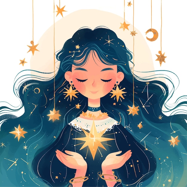 lindo Virgo con estrellas doradas ilustración en fondo blanco signo del zodiaco