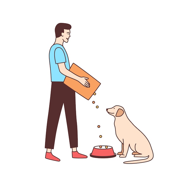 Lindo voluntario macho alimentación perro callejero en refugio de animales o libra. Joven dando comida a perritos abandonados o sin hogar aislado