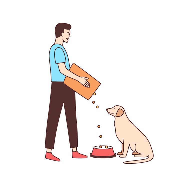 Vector lindo voluntario macho alimentación perro callejero en refugio de animales o libra. joven dando comida a perritos abandonados o sin hogar aislado