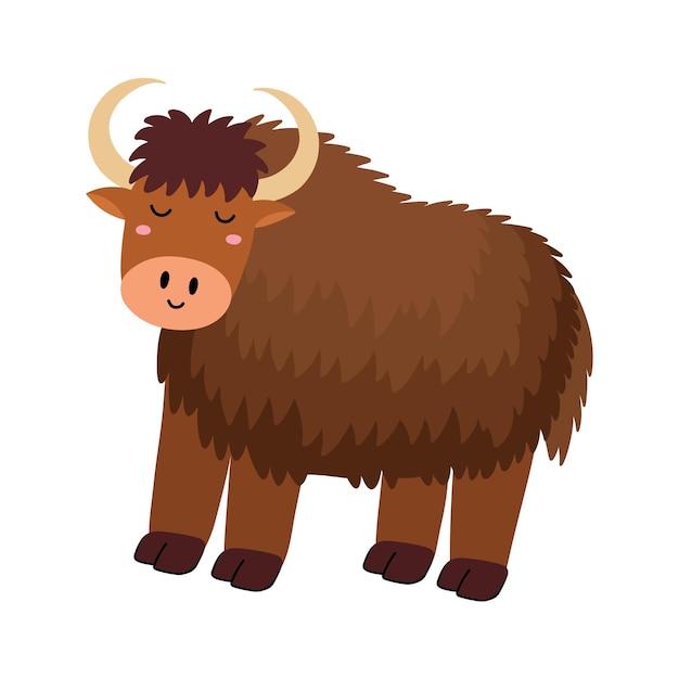 Vector lindo yak marrón en estilo de dibujos animados divertido personaje de toro para diseño de bebés y niños animal de vida silvestre