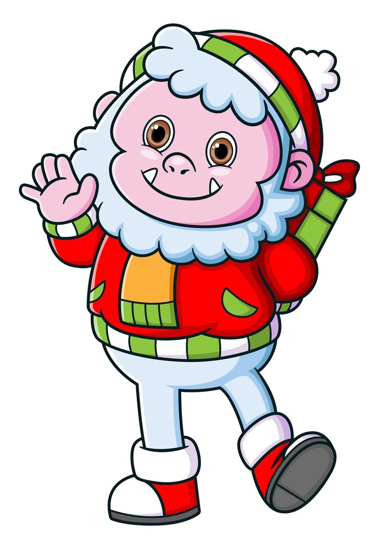 Vector lindo yeti vistiendo traje de santa y escondiendo un regalo