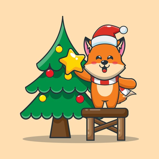 Lindo zorro con árbol de Navidad en el día de Navidad Linda ilustración de dibujos animados de Navidad