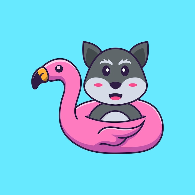 Lindo zorro con boya flamingo. Concepto de dibujos animados de animales aislado. Estilo de dibujos animados plana