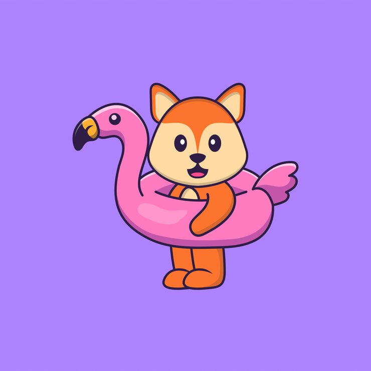 Vector lindo zorro con boya flamingo concepto de dibujos animados de animales aislado
