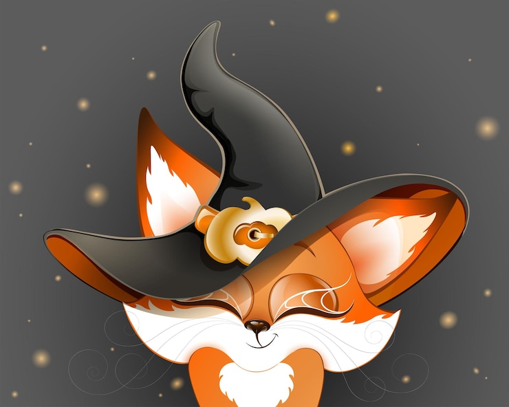 Vector lindo zorro de bruja de dibujos animados rojo esponjoso de cerca con sombrero de bruja de halloween y telaraña en los ojos