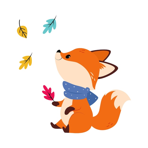 El lindo zorro con bufanda mirando las hojas de otoño caer Ilustración vectorial