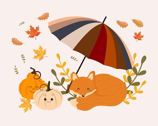 Lindo zorro y calabazas bajo un paraguas rayado con hojas de otoño. estilo de dibujos animados Estampado de otoño