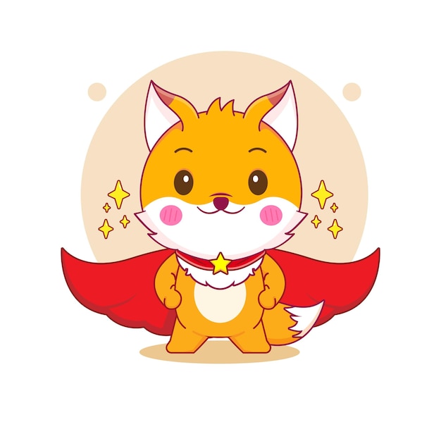 Lindo zorro con capa roja como personaje de dibujos animados de superhéroe