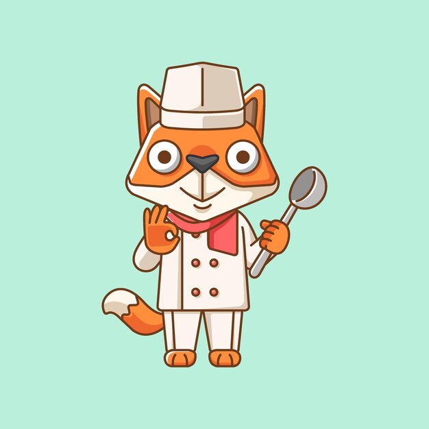 Lindo zorro chef cocinero servir comida animal chibi personaje mascota icono de línea plana estilo de arte ilustración