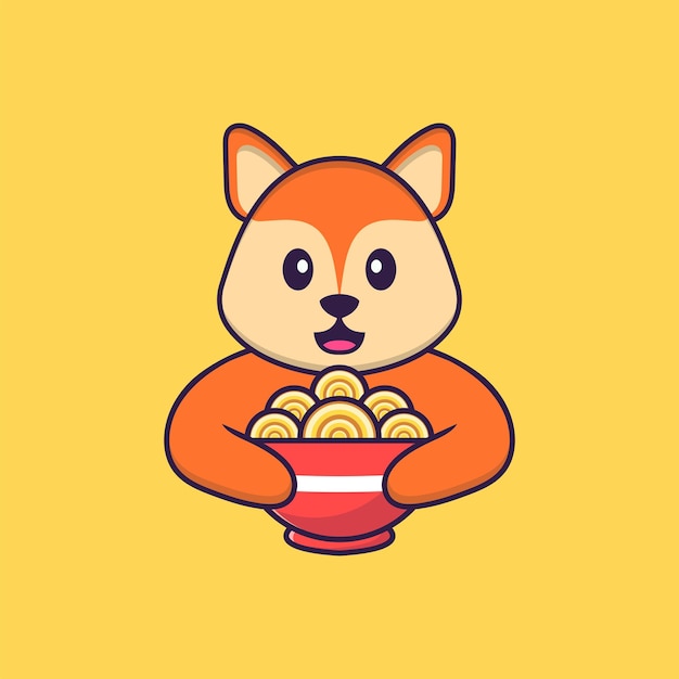 Lindo zorro comiendo fideos ramen. Concepto de dibujos animados de animales aislado. Estilo de dibujos animados plana