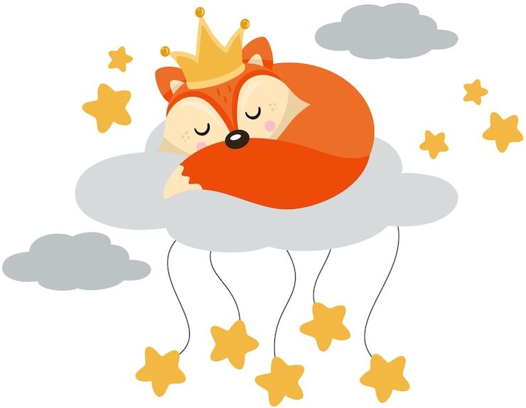 Vector lindo zorro con corona durmiendo en una nube con estrellas