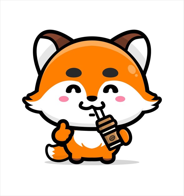 El lindo zorro de dibujos animados bebe café