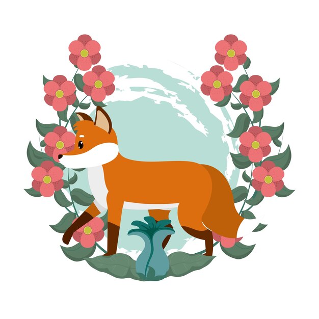 Lindo zorro de dibujos animados con flores alrededor