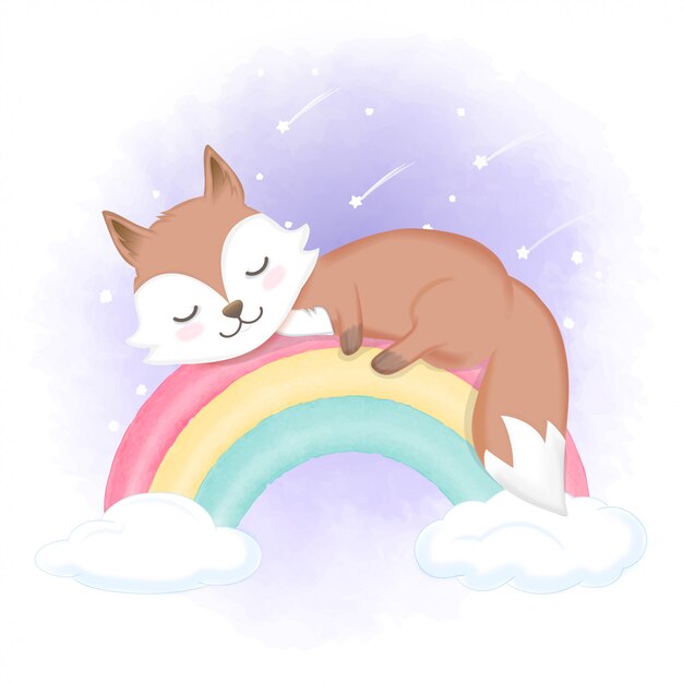 Lindo zorro duerme en arco iris, dibujado a mano ilustración acuarela animal