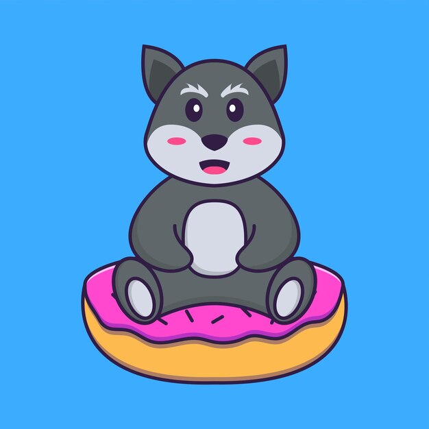 Lindo zorro está sentado sobre donas. Concepto de dibujos animados de animales aislado. Estilo de dibujos animados plana